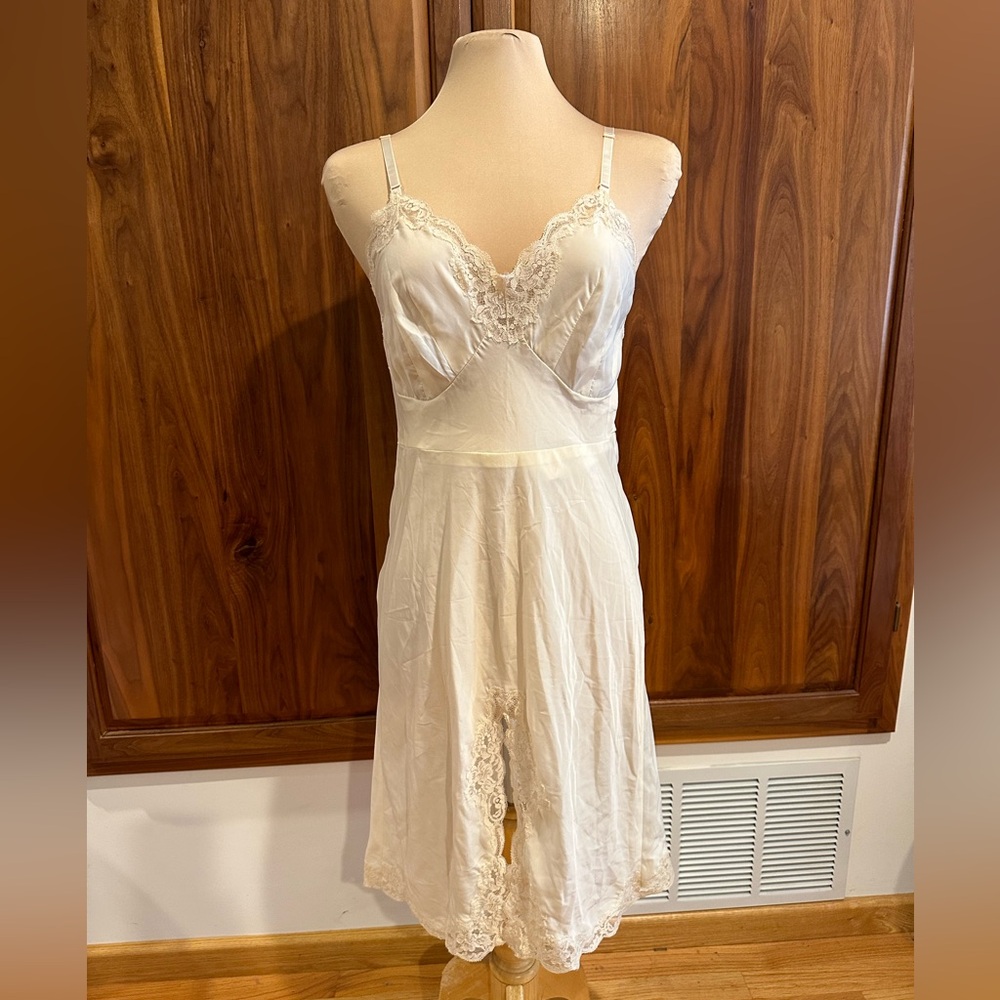 Vintage Lace Slip Dress Cream Ivory Midi Lingerie Satin Nightgown S/M
